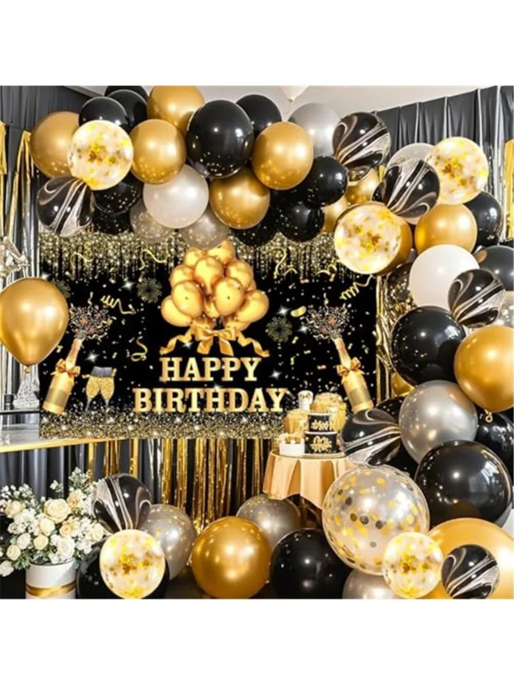 Black Gold Birthday Balloon Arch Kit Backdrop Garland Party Decoration Set
